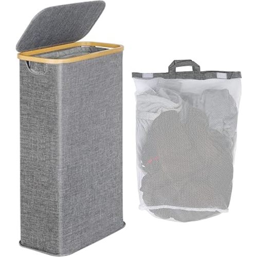 efluky Slim Laundry Basket with Lid, Narrow Laundry Hamper with Removable Bag, Skinny Dirty Clothes Basket with Bamboo Handles for Bathroom, Bedroom & Laundry Room, 63L Blue Grey