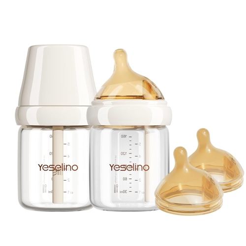 Natural Nursing Glass Baby Bottle - with Anti-Colic Vent System - BPA-Free, 5.4 oz/160ml with Medium Flow Nipple, 0-6 Months, 2 Pack (Includes 4pcs Nipples)