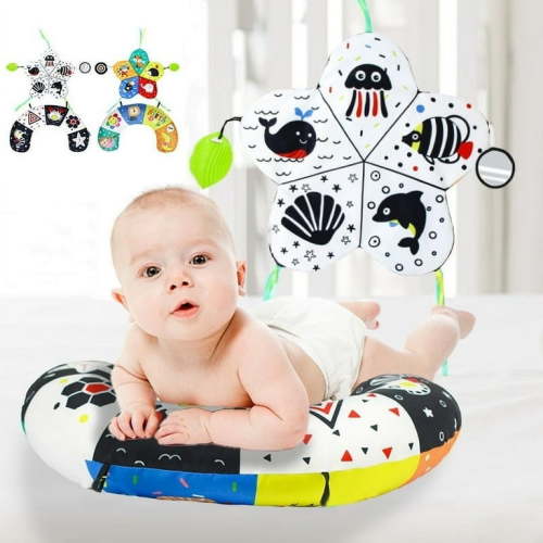Tummy Time Mat with Crinkle Mat & Teethers, Baby Tummy Time Pillow Support for Newborns and Older Babies Toddler Tummy Time Toys with Detachable Support Pillow and Mirror for 0-6 Months Babies