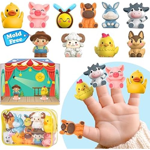 Oriate Animal Farm Finger Puppets, Bath Toys for Kids with Storage Bag, Toddler Toys for Story Time Stuffer with Performance Stage, Travel Party Favors Easter Basket Stuffers 12m+ 10 Pcs