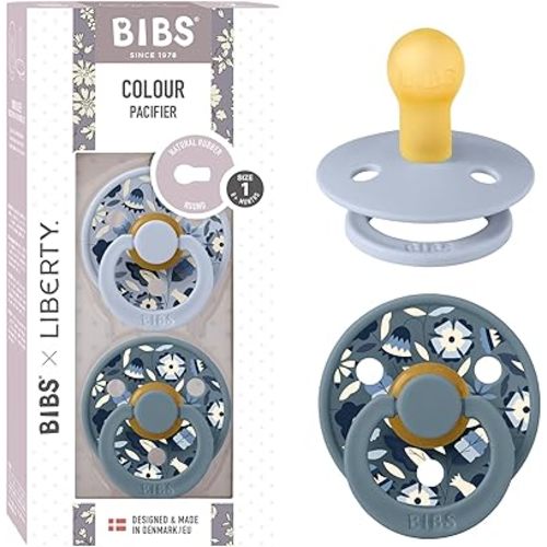 BiBS Liberty Pacifier 2-Pack, BPA Free Pacfiers with Natural Latex Round Nipple, Made in Scandinavia, Size 1 (0-6 Months), Bobo Dusty Blue Mix