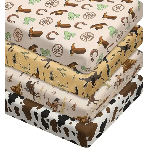 VitalCozy 4 Pcs Western Cowboy Crib Sheet Set Newborn Bedding Nursery Baby Sheets for Girl Boys Baby Gifts for Standard Crib and Toddler Mattresses, 52 x 28 x 8 Inches