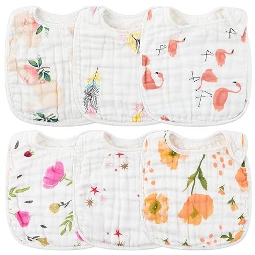 Zainpe 6Pcs Snap Muslin Cotton Bibs for Baby, Flamingo Star Flower Machine Washable Adjustable Burp Cloths with 6 Absorbent Soft Layers for Infant Newborn Toddler Drooling Feeding and Teething