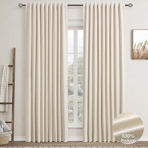 Beige Linen Blackout Curtains for Bedroom 84 Inch Length 2 Panels Set Back Tab Pocket Neutral Farmhouse Living Room Darkening Curtains Track System Thermal Insulated Black Out Drapes 52x84