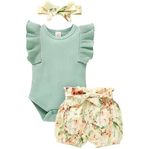 Tiny Cutey Baby Girl Clothes Infant Summer Outfits Set Ruffle Sleeve Romper and Floral Shorts with Headband