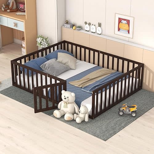 Harper & Bright Designs Queen Size Floor Bed with Rails, Montessori Bed Queen Size Wood Floor Bed Frame with Fence and Door, for Kids Girls Boys (Walnut)