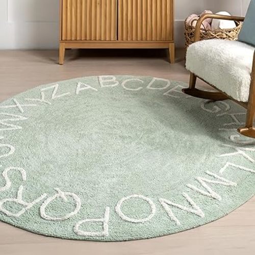 nuLOOM 6' Round SpinClean Machine Washable Stain-Resistant Area Rug Medium Profile for Living Room, Bedroom, and Dining Room, Alphabet Mint Green