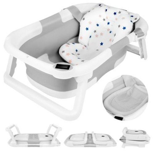 Collapsible Baby Bathtub,BUSATIA Baby Bath Tub with Soft Thermometer & Soft Floating Cushion & Bath Net,Baby Bathtub Newborn to Toddler 0-36 Months,Portable Travel Baby Tub,Gray