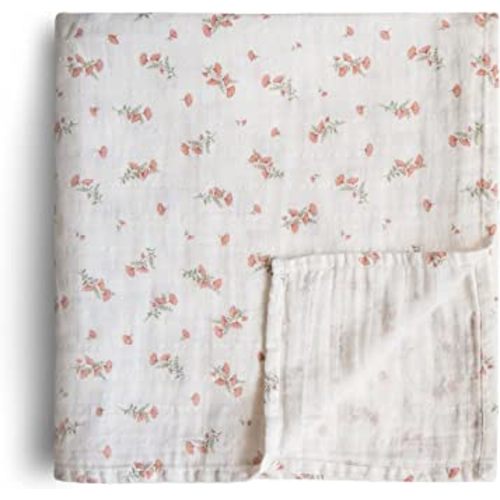 mushie Muslin Baby Swaddle Blanket | 100% Organic Cotton (Pink Flowers)