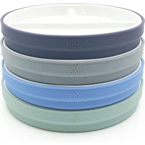 Elk and Friends 6.7" Kids Porcelain White Plates with Silicone Sleeves | Divided Plates | Suitable for Kids/Toddlers | Microwave & Dishwasher Safe | Non Slip | Snack Dishes