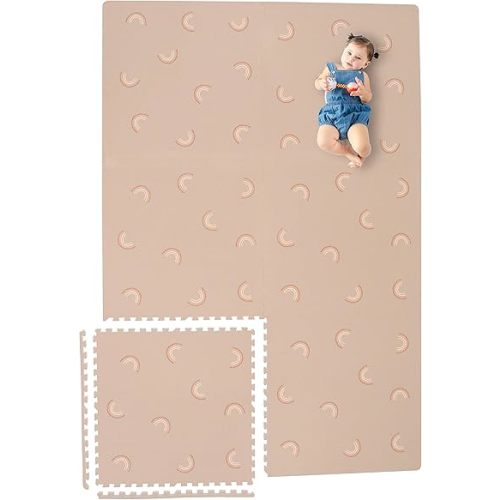 Yay Mats Stylish Extra Large Baby Play Mat. Soft, Thick, Non-Toxic Foam Covers 6 ft x 4 ft. Expandable Tiles with Edges Infants and Kids Playmat Tummy Time Mat (Emery Rainbow)