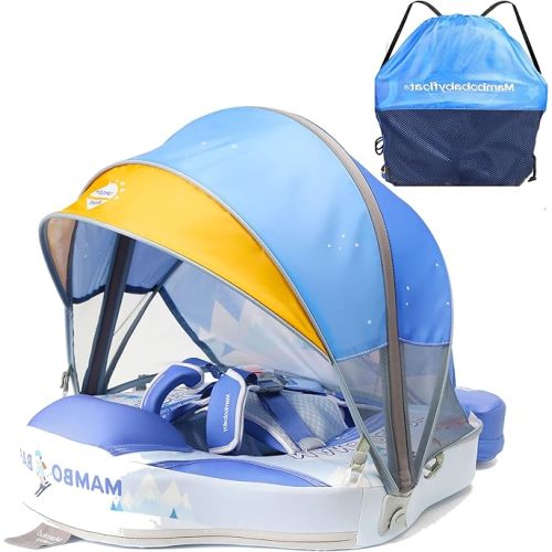 Mambobaby Non-Inflatable Baby Pool Float with UPF 50+ Sun Canopy, Anti-Flip Infant Swimming Float with 5-Point Safety Harness, Baby Beach Essentials for 3-24 Months Infants & Toddlers, Puncture-Proof