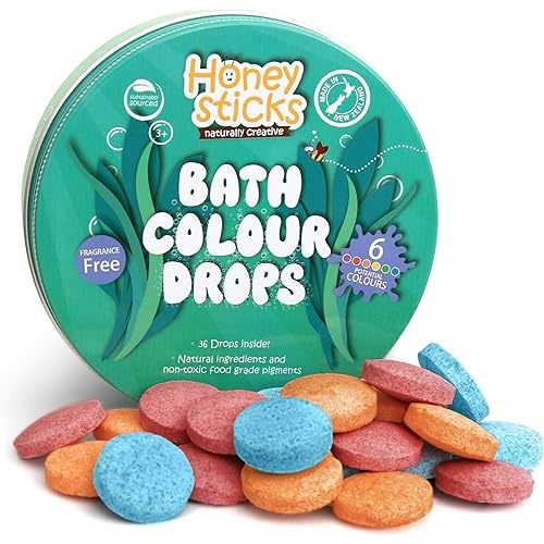 Honeysticks Bath Color Tablets for Kids - Non Toxic Bathtub Drops Made with Natural Ingredients and Food Grade Color - Fragrance Free - Fizzy, Brightly Colored Bathtime Fun, Great Gift - 36 Drops