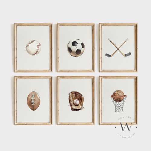 Sports Prints Set of 6 | Vintage Style Sport Illustrations | Baseball, Football, Hockey, Basketball, Soccer | Boys Room Nursery Art | PS171