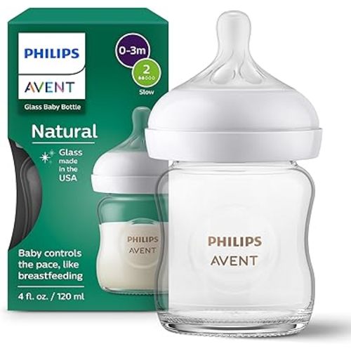 Philips Avent Natural Glass Baby Bottle with Natural Response Nipple (Slow Flow, Flow 2), 4oz, SCY910/01