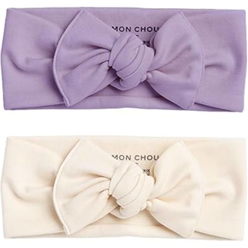 MON CHOU Baby Headbands - Set of 2 Organic Cotton Headbands for Baby Girls - Ultra Soft, 100% Pima Cotton Infant Hair Bows (Ivory & Crocus Petal)