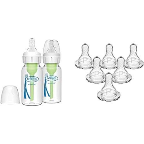 Dr. Brown's Natural Flow® Anti-Colic Options+â„¢ Narrow Glass Baby Bottles (2-Pack, 4 oz /120 mL) + Preemie Flow Narrow Baby Bottle Silicone Nipples (Slowest Flow, 0m+, 6 Pack)