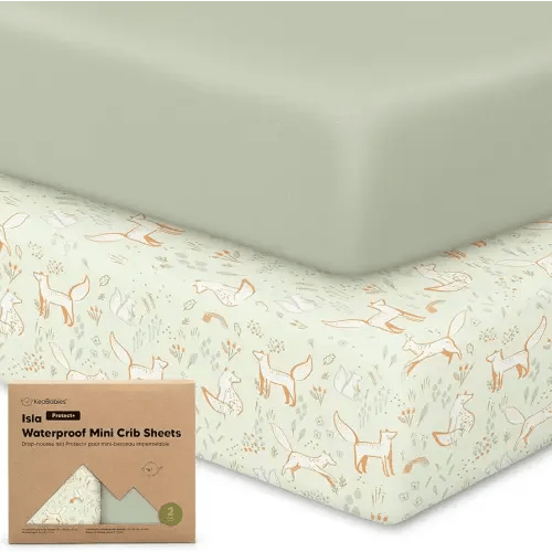 2-Pack Waterproof Pack and Play Sheets, Mini Crib Sheets Fitted for Boy, Girl - 38 x 26 Viscose from Bamboo Pack N Play Mattress Sheets for Graco, Toddler Playard Baby Crib Sheets Neutral (Foxtrot)