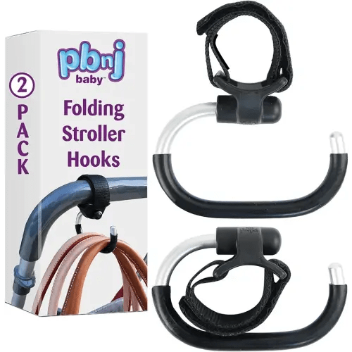 Stroller Hooks for Hanging Diaper Bags - Mommy Stroller Clip and Stroller Accessories Organizer Hook - Large Carabiner Clips for Mom Purse Shopping Grocery Bag and Accessory - (2 Pack) (Foldable)
