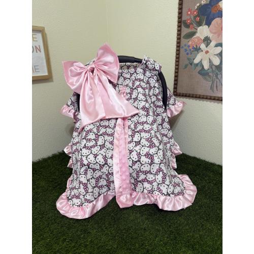 SOFT PINK Hello Kitty Baby Car Seat Canopy with Bow | Pink Custom Infant Car Seat Cover | Personalized Baby Girl Gift