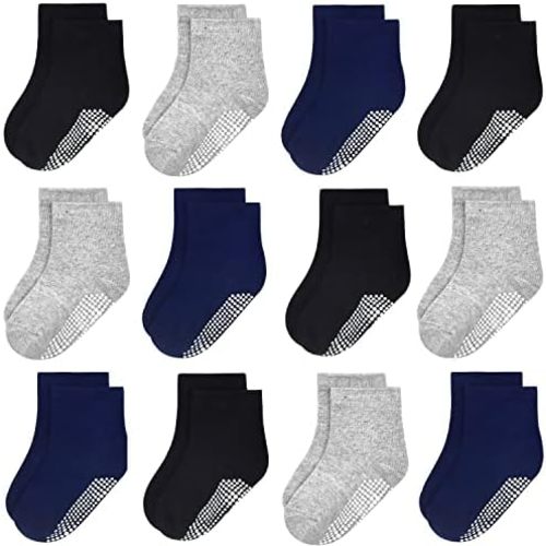 GRPSKCOS Baby Socks for Boys & Girls, 12 Pairs Non Slip Anti Skid Sticky Cotton Socks, 0-7 Years