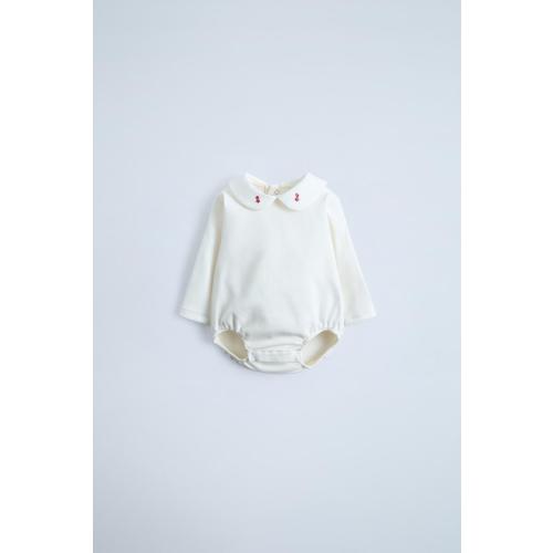 EMBROIDERED PETER PAN COLLAR BODYSUIT - Oyster-white | ZARA United States