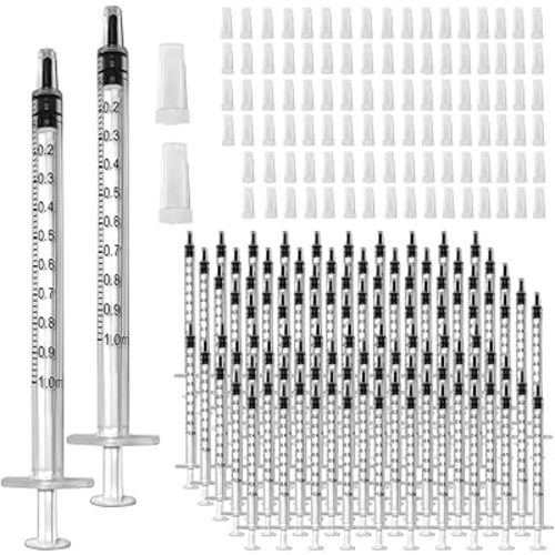 100 Pcs 1ml 1cc Syringe No Needle Plastic Syringe with Caps for Pets Oral, Refilling, Oil or Glue Applicator, Measuring or Transfering Tiny Amount of Liquids