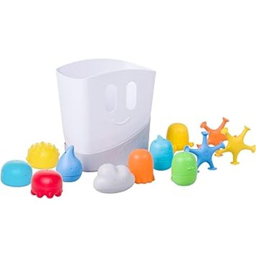 Ubbi Baby Bath Time Essential Gift Set, Includes Drying Bin and 11 Bath Toys, Dishwasher Safe, White