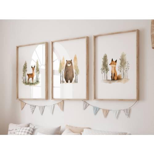 Woodland Nursery Decor Print Set of 3 for Baby Boy Girl, Cute Deer Bear and Fox Forest Animals, Wall Art Prints or Canvas Shower Gift