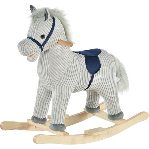 Qaba Kids Rocking Horse for Toddler 3-5, Plush Ride on Horse Wooden Rocker with Realistic Sounds, Gray