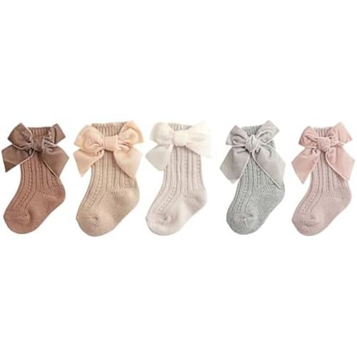 Baby Toddler Girls Velvet Bow-Knot Ribbed Cotton Socks – Cable Knit Socks for Newborns & Infants 0-4 Years (Pack of 5)