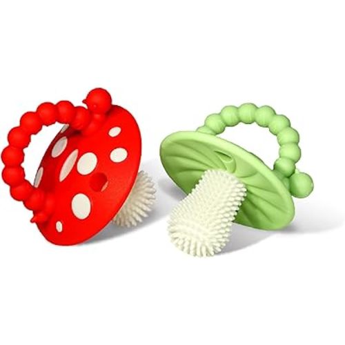 RaZbaby Chompy Teether – Soft Silicone Teething Toy for Infants & Babies 3M+, Massaging Bristles for Teething Relief, Hands-Free & Easy to Hold, Sensory Development, BPA-Free - Great Gift - Red/Green