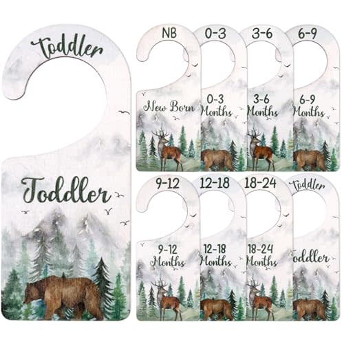 CORNER LACE Baby Closet Dividers 8PCS, Mountain/Forest/Adventure Theme Wooden Double-Sided Clothes Size Hanger Organizer from Newborn to Toddler for Nursery Decor Baby Shower Birthday Gift