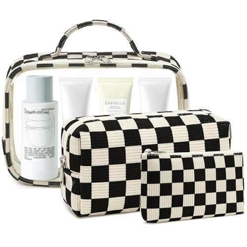Bluboon 3Pcs Makeup Toiletry Bag for Women, Clear Packing Cubes Cosmetic Bag for Travel Women With Zipper Travel Essentials (Corduroy Black White Checkered)