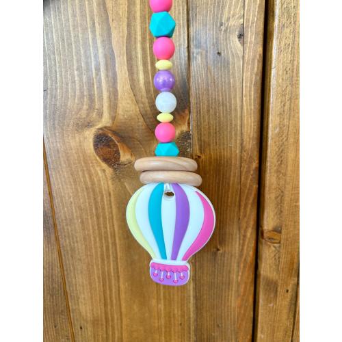 HOT AIR BALLOON, silicone car seat toy, wooden rattle rings, baby shower gift, hot pink and purple, birthday gift