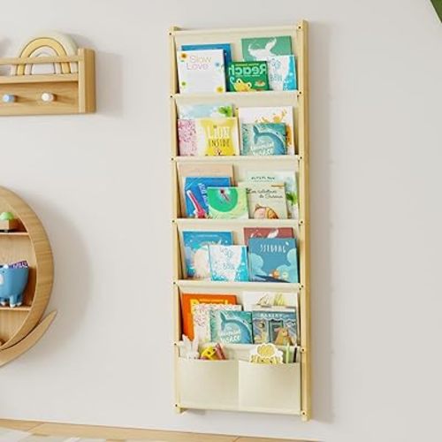 Wood 6-Tier Wall Mounted Kids Bookshelf – Floating Book Shelf For Kids Rooms,Nursery & Classroom, Hanging Bookcase Organizer For Books,Toddler Book Shelf, Montessori Bookshelf, Nursery Shelves