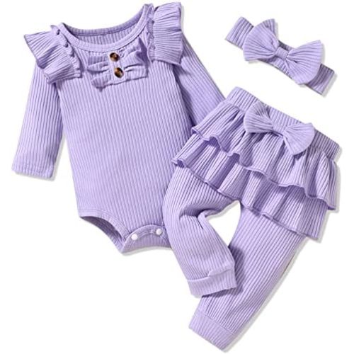 Aalizzwell Preemie Newborn Infant Baby Girls Clothes Ribbed Bodysuit Pants Set Fall Winter Outfits