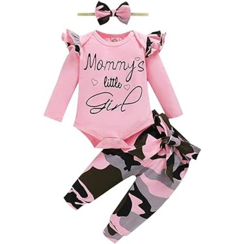 Aoswep Newborn Baby Girl Clothes, Infant Girl Outfits Long Sleeve Ruffle Romper + Floral Pants + Headband Set