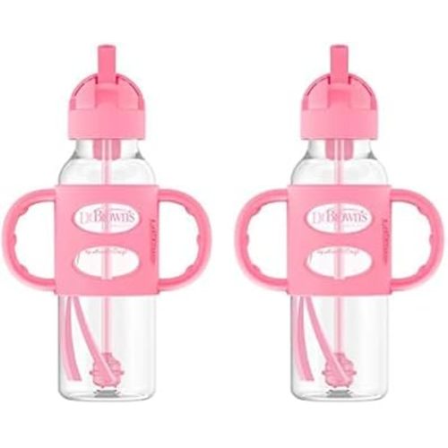 Dr. Brown's Milestones Narrow Sippy Straw Bottle, Spill-Proof with 100% Silicone Handles and Weighted Straw, 8 oz/250 mL, Pink, 6m+ (Pack of 2)