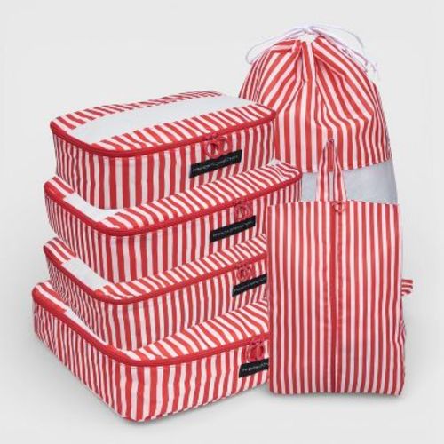 French Connection 6pc Packing Cube Set - Travel Storage Organizer Set for Luggage (Striped) in Red