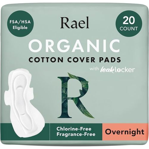 Rael Pads for Women, Organic Cotton Cover - Period Pads with Wings, Feminine Care, Sanitary Napkins, Heavy Absorbency, Unscented, Ultra Thin (Overnight, 20 Count)