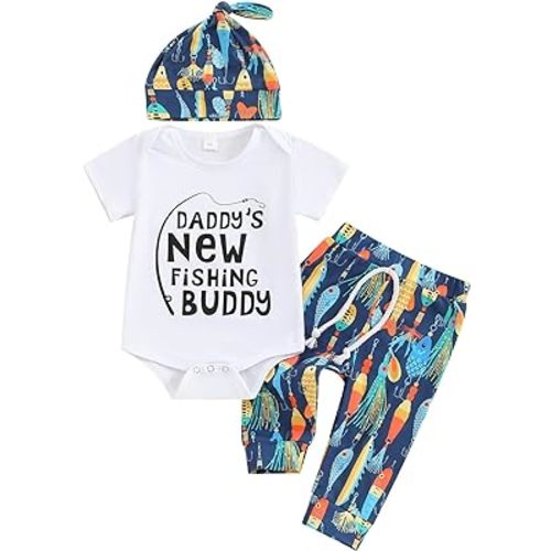 Muasaaluxi Newborn Infant Baby Girls Boys Daddy's Fishing Buddy Romper Bodysuit Fish Pants Hat 3Pcs Summer Outfit