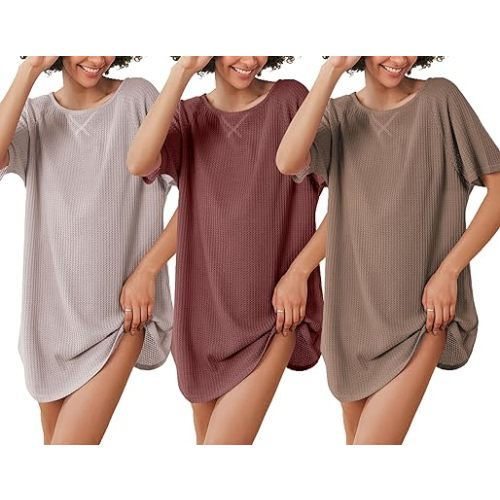 Ekouaer 3 Pack Women's T-shirt Nightgown Waffle Knit Short Sleeve Sleepshirts Casual Cover Ups S-XXXL