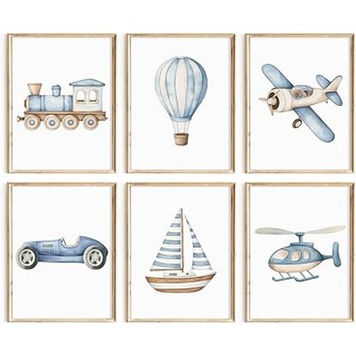 Lhoiplme Baby Boy Nursery Wall Art Transportation Blue Car Canvas Prints Vintage Toddler Vehicle Pictures Decor Hot Air Balloon Airplane Nursery Poster for Kids Boys Room Bedroom 8x10x6 Inch Unframed