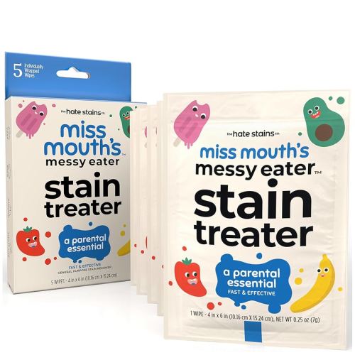 Miss Mouth's Messy Eater Stain Treater Wipes - 5 Pack Stain Remover - Newborn & Baby Essentials - No Dry Cleaning Food, Grease, Coffee Off Laundry, Underwear, Fabric