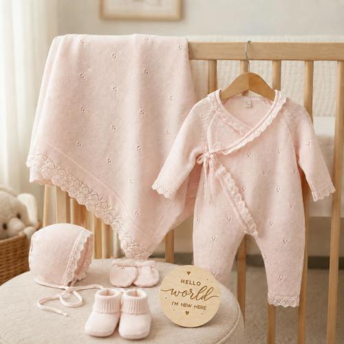 Baby Girl Organic Cotton Newborn Coming Home Outfit with Custom Wooden Name Sign Gift Set