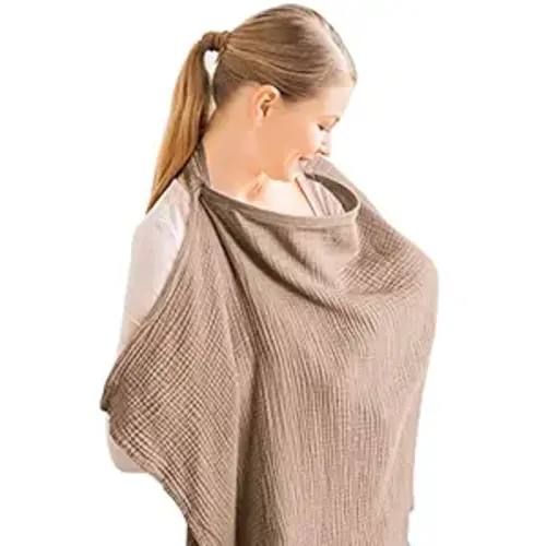 Konssy Muslin Nursing Cover for Baby Breastfeeding, Breathable 100% Cotton Breastfeeding Cover with Rigid Hoop for Mother Nursing Apron, Multi-use Carseat Canopy (Brown)