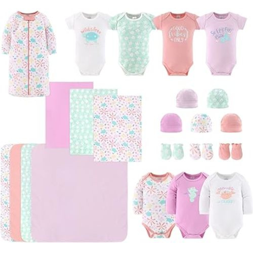 The Peanutshell Baby Layette Gift Set for Baby Girls - 23 Piece New Born Baby Girl Gift Set, Baby Clothes & Newborn Essentials Must Haves - Newborn Baby Girl Clothes 0-3 Months - Ocean Flower