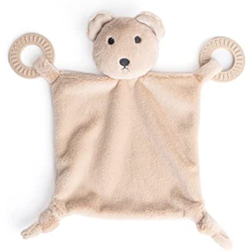 Bella Tunno Teether Buddy – Soft, Plush Baby Lovey with Textured Baby Teether Toy and Gentle Rattling Head, Comforts and Brings Teething Relief, Colorful Animal-Themed Baby Teething Toys (Bear)