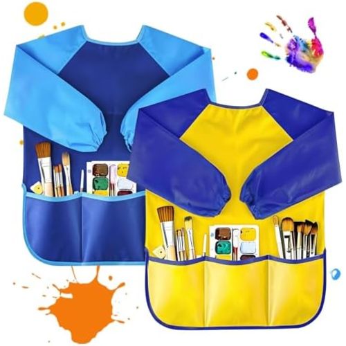 Kids Art Smocks 2 Pack, Toddler Smock Waterproof Artist Painting Aprons Long with Long Sleeve & 3 Pockets for Age 3-8